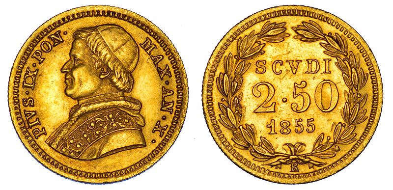 STATO PONTIFICIO. PIO IX (Giovanni Maria Mastai Ferretti), 1846-1878. 2,5 Scudi 1855/A. X. Roma.  - Auction Numismatics - Cambi Casa d'Aste