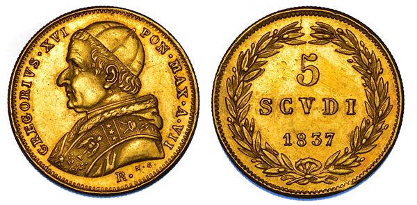 STATO PONTIFICIO. GREGORIO XVI (Bartolomeo Alberto Cappellari), 1831-1846. 5 Scudi 1837/A. VII. Roma.