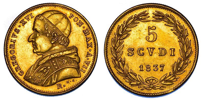 STATO PONTIFICIO. GREGORIO XVI (Bartolomeo Alberto Cappellari), 1831-1846. 5 Scudi 1837/A. VII. Roma.  - Auction Numismatics - Cambi Casa d'Aste