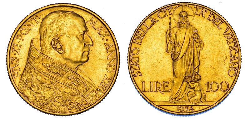 VATICANO. PIO XI (Achille Ratti), 1922-1939. 100 Lire 1934/A. XIII.  - Auction Numismatics - Cambi Casa d'Aste