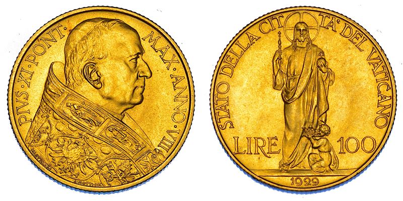 VATICANO. PIO XI (Achille Ratti), 1922-1939. 100 Lire 1929/A. VIII.  - Auction Numismatics - Cambi Casa d'Aste