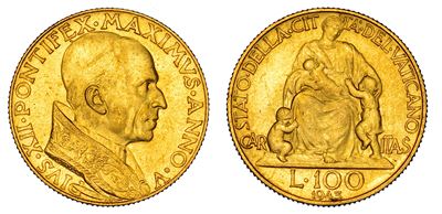 Vaticano, Medaglia commemorativa di Pio XII, 100 Lire 1943/A