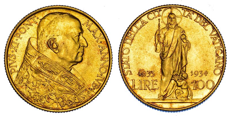 VATICANO. PIO XI (Achille Ratti), 1922-1939. 100 Lire 1933-1934.  - Auction Numismatics - Cambi Casa d'Aste
