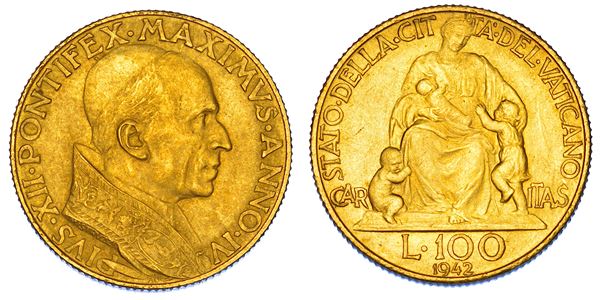 VATICANO. PIO XII (Eugenio Pacelli), 1939-1958. 100 Lire 1942/A. IV.