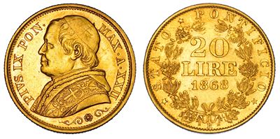 PIO IX (Giovanni Maria Mastai Ferretti), 20 Lire 1868/A. XXII, Busto in oro