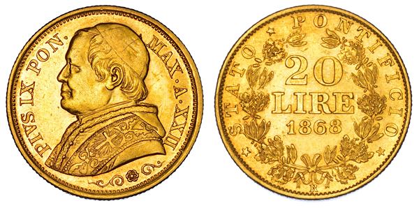 STATO PONTIFICIO. PIO IX (Giovanni Maria Mastai Ferretti), 1846-1878. 20 Lire 1868/A. XXII. Roma.