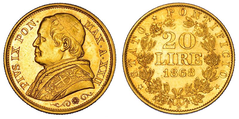 STATO PONTIFICIO. PIO IX (Giovanni Maria Mastai Ferretti), 1846-1878. 20 Lire 1868/A. XXII. Roma.  - Auction Numismatics - Cambi Casa d'Aste
