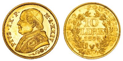 STATO PONTIFICIO, 10 Lire 1869/A di Pio IX