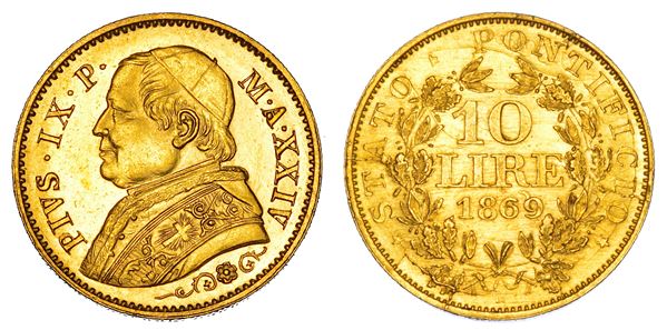 STATO PONTIFICIO. PIO IX (Giovanni Maria Mastai Ferretti), 1846-1878. 10 Lire 1869/A. XXIV. Roma.