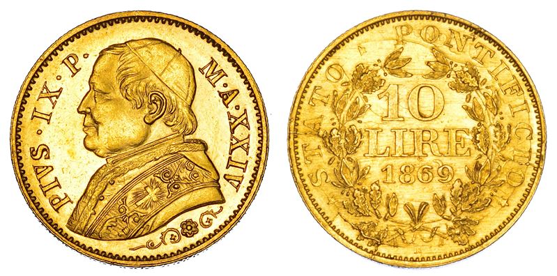 STATO PONTIFICIO. PIO IX (Giovanni Maria Mastai Ferretti), 1846-1878. 10 Lire 1869/A. XXIV. Roma.  - Auction Numismatics - Cambi Casa d'Aste