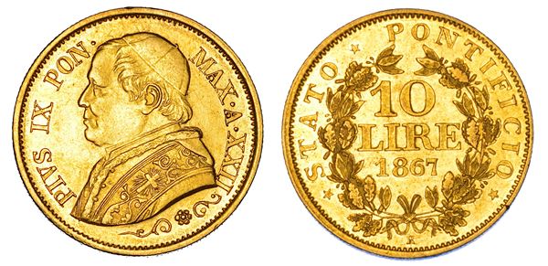 STATO PONTIFICIO. PIO IX (Giovanni Maria Mastai Ferretti), 1846-1878. 10 Lire 1867/A. XXII. Roma.