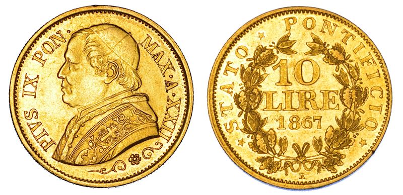 STATO PONTIFICIO. PIO IX (Giovanni Maria Mastai Ferretti), 1846-1878. 10 Lire 1867/A. XXII. Roma.  - Auction Numismatics - Cambi Casa d'Aste