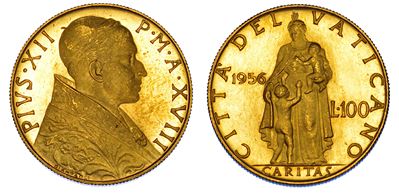 VATICANO, PIO XII (Eugenio Pacelli), Moneta da 100 Lire, 1956/A, XVIII