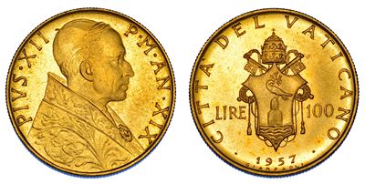 VATICANO, 100 Lire 1957/A - Pio XII (Eugenio Pacelli), 1939-1958