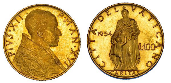 VATICANO. PIO XII (Eugenio Pacelli), 1939-1958. 100 Lire 1954/A XVI.
