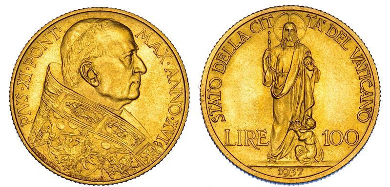 VATICANO. PIO XI (Achille Ratti), 1922-1939. 100 Lire 1937/A. XVI.  - Auction Numismatics - Cambi Casa d'Aste