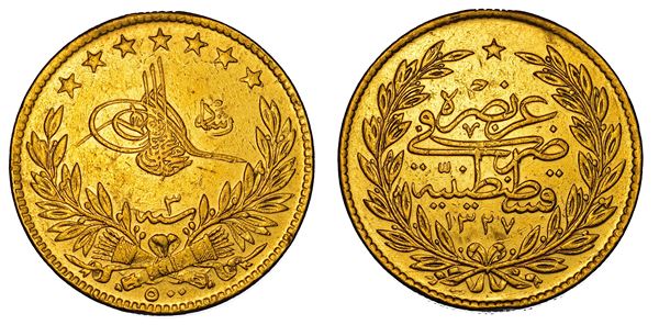 TURCHIA. MOHAMMED V, 1909-1918. 500 Piastres 1327 (1911).