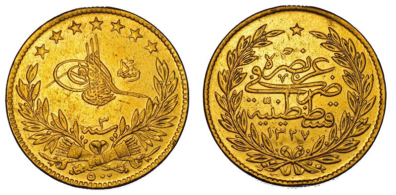 TURCHIA. MOHAMMED V, 1909-1918. 500 Piastres 1327 (1911).  - Auction Numismatics - Cambi Casa d'Aste