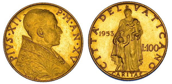 VATICANO. PIO XII (Eugenio Pacelli), 1939-1958. 100 Lire 1953/A. XV.