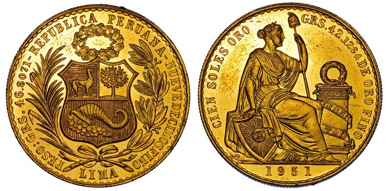 PERÙ. REPUBLICA. 100 Soles 1951.  - Asta Numismatica - Cambi Casa d'Aste