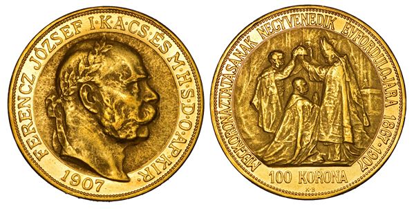UNGHERIA. FRANZ JOSEPH, 1848-1916. 100 Korona 1907. Per il 40° Anniversario dell'incoronazione.