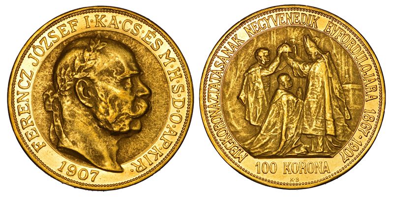 UNGHERIA. FRANZ JOSEPH, 1848-1916. 100 Korona 1907. Per il 40° Anniversario dell'incoronazione.  - Auction Numismatics - Cambi Casa d'Aste