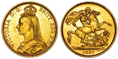 Regno Unito, Moneta da 2 Pounds 1887 con Busto della Regina Vittoria e Rappresentazione di San Gi...