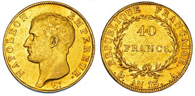 Francia, Napoleon I, 40 Francs AN 13, oro, Parigi, 1804-1815