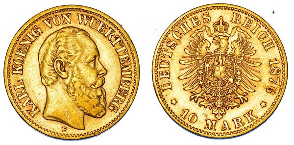 GERMANIA - WUERTTEMBERG. KARL I, 1864-1891. 10 Mark 1876. Stoccarda.