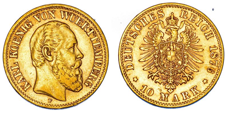 GERMANIA - WUERTTEMBERG. KARL I, 1864-1891. 10 Mark 1876. Stoccarda.  - Auction Numismatics - Cambi Casa d'Aste