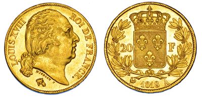 Louis XVIII, Moneta da 20 Francs del 1818, Oro, Parigi