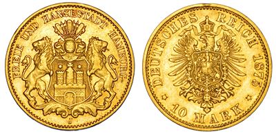 Germania, Amburgo. Moneta da 10 Mark del 1875 in oro.
