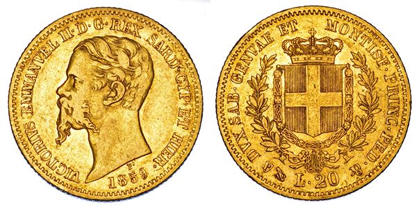 REGNO DI SARDEGNA. VITTORIO EMANUELE II DI SAVOIA, 1849-1861. 20 Lire 1859. Genova.