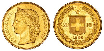 Svizzera, Confederazione. 20 Francs 1896, oro