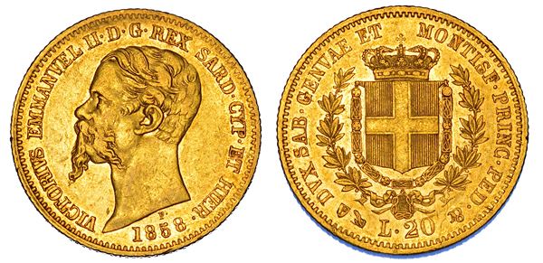 REGNO DI SARDEGNA. VITTORIO EMANUELE II DI SAVOIA, 1849-1861. 20 Lire 1858. Genova.