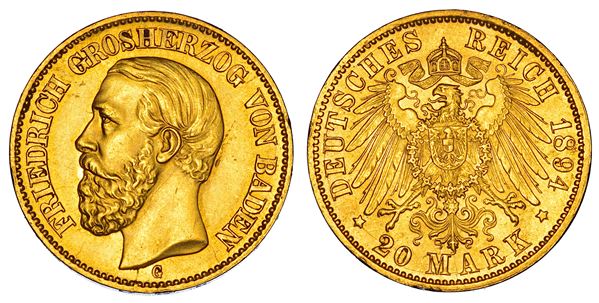 GERMANIA - BADEN. FRIEDRICH I, 1852-1907. 20 Mark 1894. Karlsruhe.