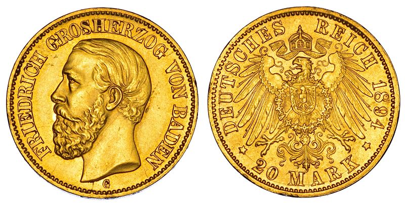 GERMANIA - BADEN. FRIEDRICH I, 1852-1907. 20 Mark 1894. Karlsruhe.  - Asta Numismatica - Cambi Casa d'Aste