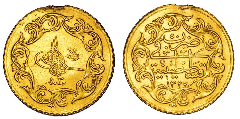 TURCHIA. MOHAMMED V, 1909-1918. 100 Piastres 1327.  - Auction Numismatics - Cambi Casa d'Aste