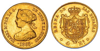 Spagna, Isabel II, 4 Escudos 1865, oro