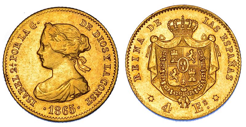 SPAGNA. ISABEL II, 1833-1868. 4 Escudos 1865.  - Asta Numismatica - Cambi Casa d'Aste