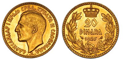 Jugoslavia, Alexander I, 20 Dinara 1925, oro