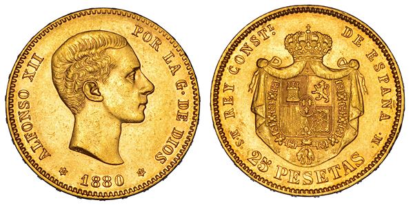 SPAGNA. ALFONSO XII, 1874-1885. 25 Pesetas 1880.