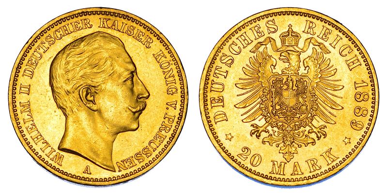 GERMANIA - PRUSSIA. WILHELM II, 1888-1918. 20 Mark 1889. Berlino.  - Auction Numismatics - Cambi Casa d'Aste