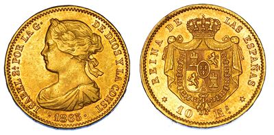 Spagna, Isabela II, Moneta da 10 Escudos 1865, Oro