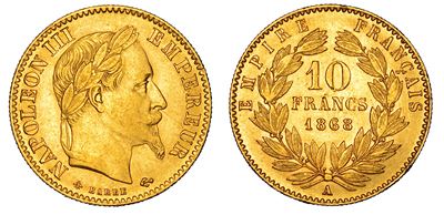 Francia, Napoleon III, 10 Francs 1868, oro