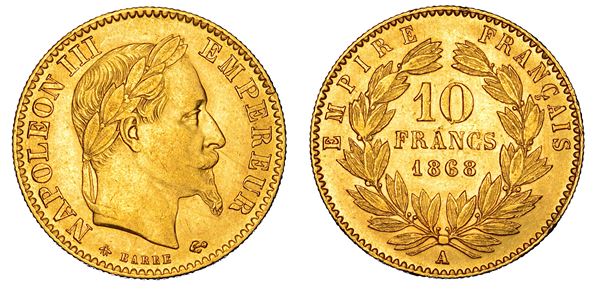 FRANCIA. NAPOLEON III, 1852-1870. 10 Francs 1868. Parigi.