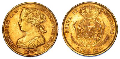 Moneta Spagnola, 100 Reales, Isabel II, 1862, Oro