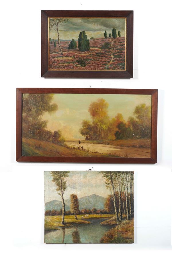 Lotto di tre grandi paesaggi su tela. XIX-XX secolo