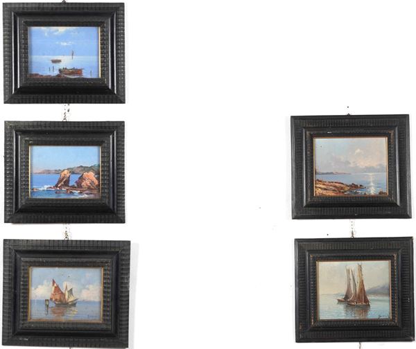 Lotto di cinque vedute marine con velieri in cornici ebanizzate. XIX-XX secolo