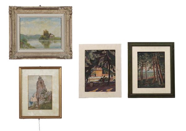 Lotto di quattro dipinti con paesaggi. XIX-XX secolo